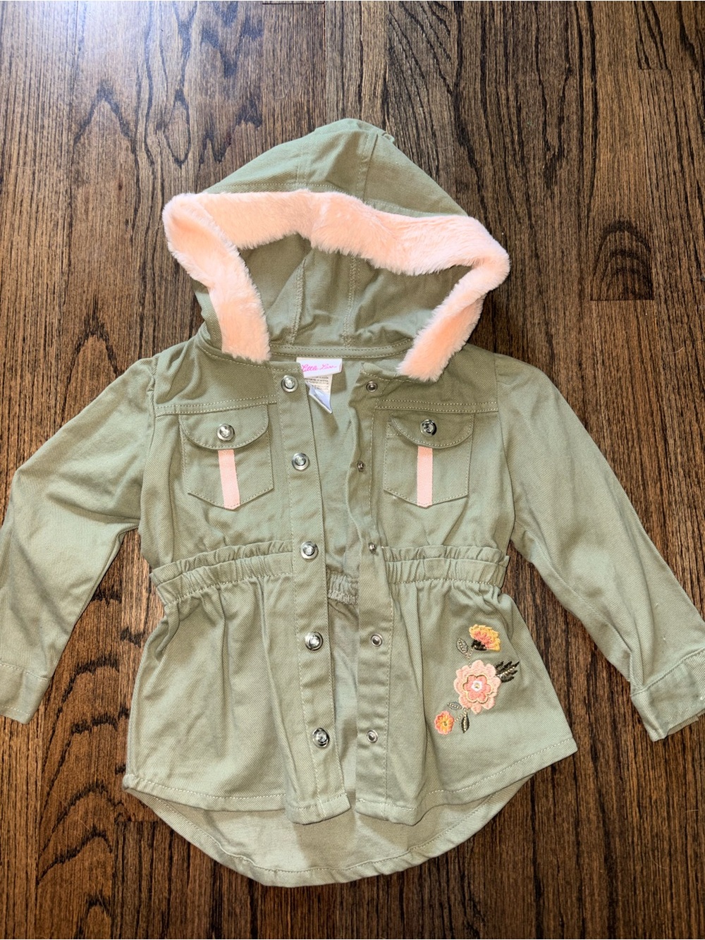 Toddler Olive Green Hooded Jacket with Pink Trim - 3T